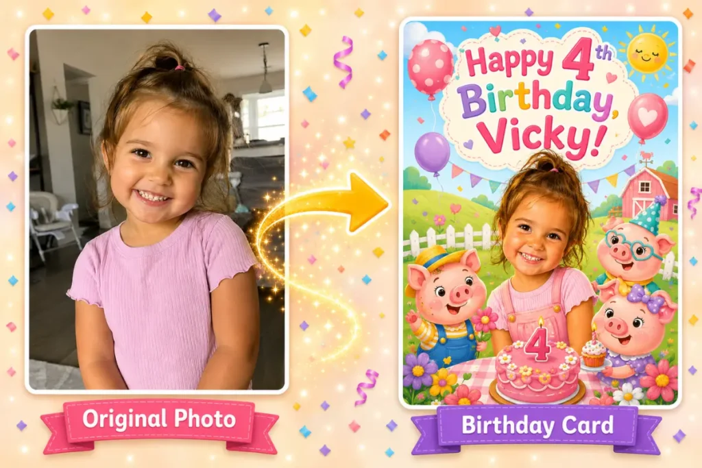 Before and after: child's photo transformed into a personalized AI birthday card with their name in a farm theme